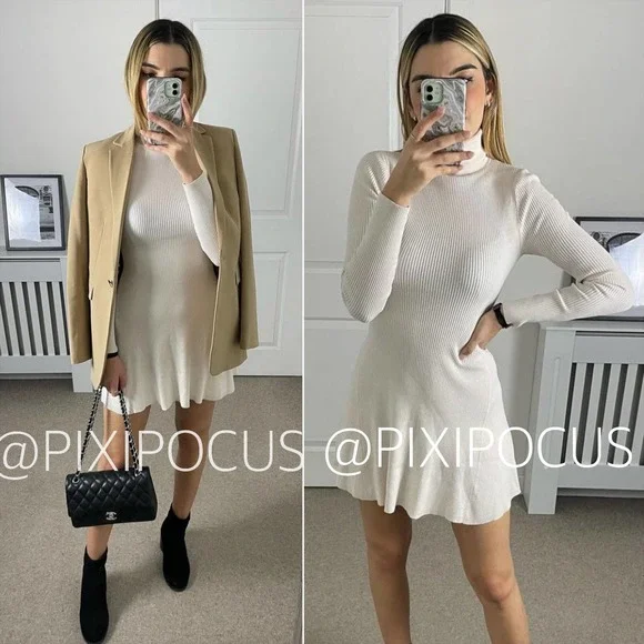 ZARA RIBBED KNIT FLARE DRESS ECRU WHITE - Picture 4 of 12